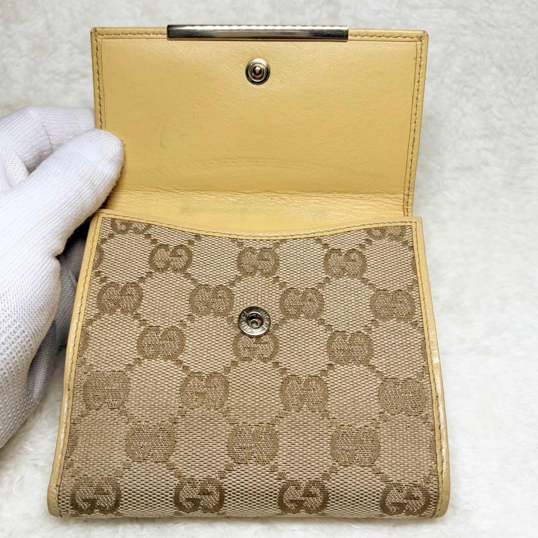 良品 GUCCI グッチGG柄 キャンバス　折り財布　金プレート ベージュ