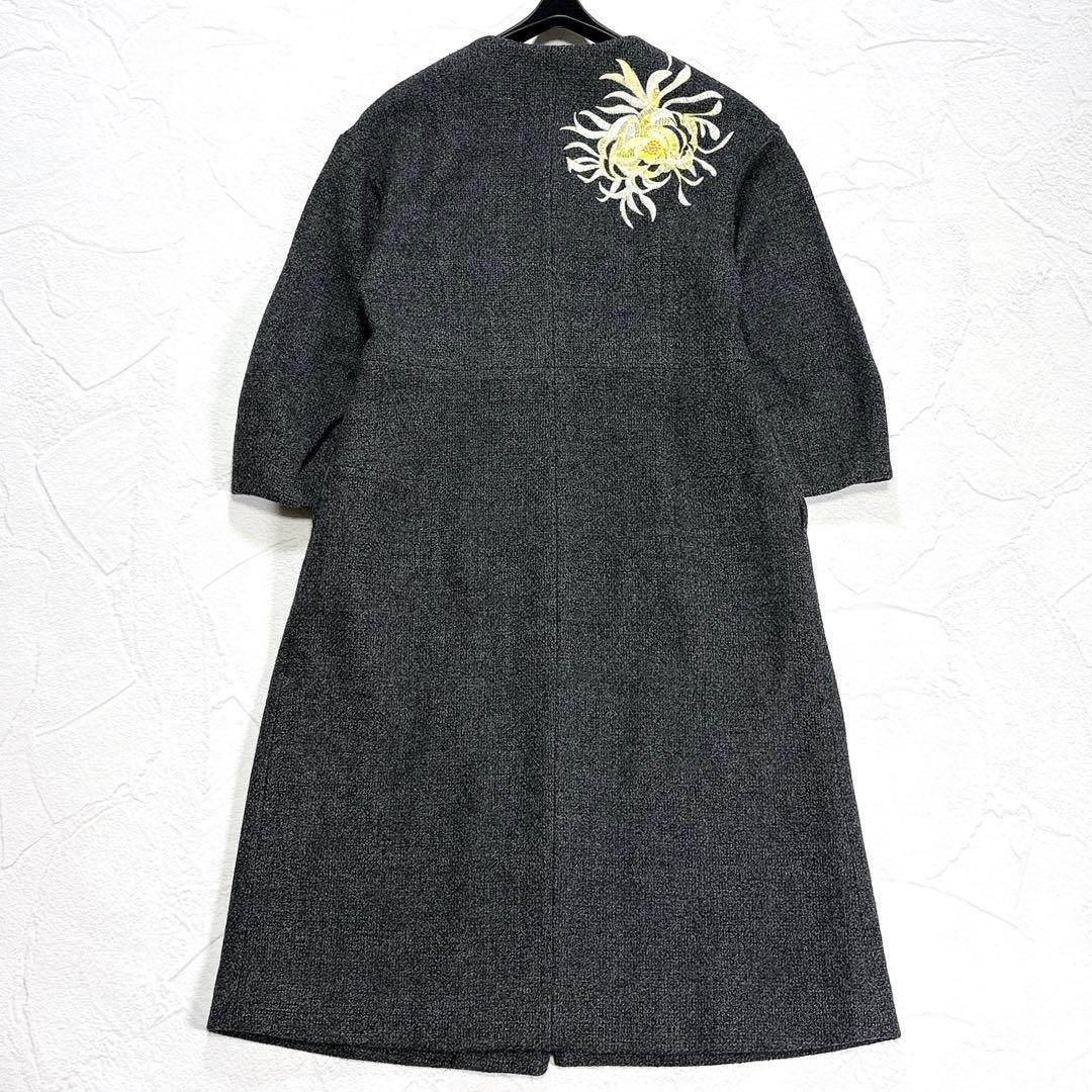 ✨タグ付き✨ジュンコシマダ　花刺繍　ノーカラー　ロングコート　ウール　近年