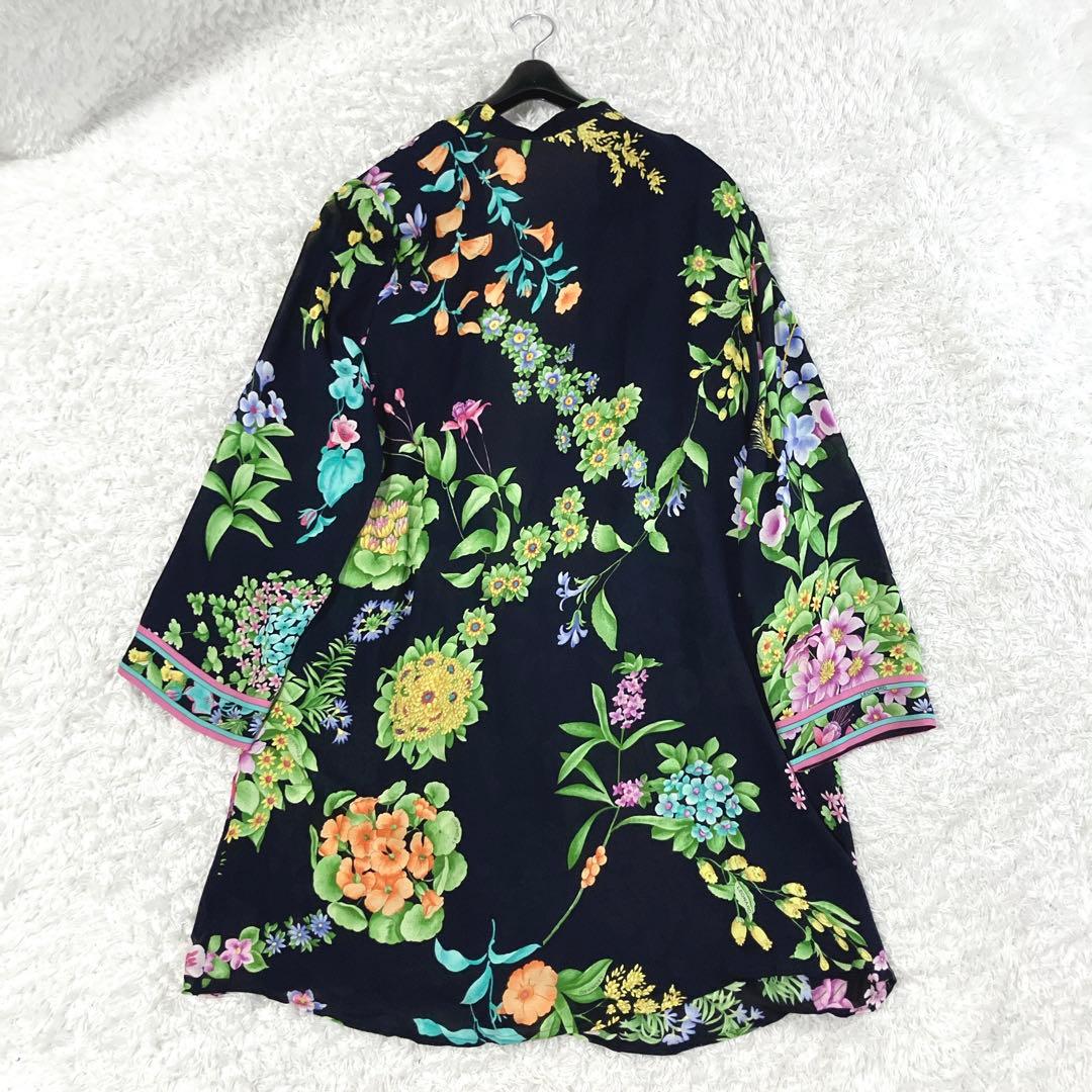 美品✨シルク100% レオナール カーディガン ロング カットソー トリム 花