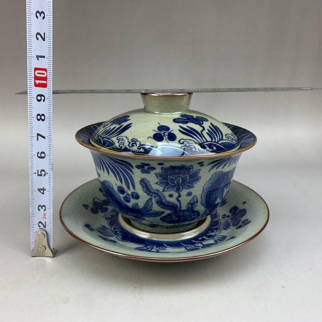 中国茶器 景徳鎮 陶磁器 鯖藻紋開片三才蓋碗 茶道具 工芸品 置物