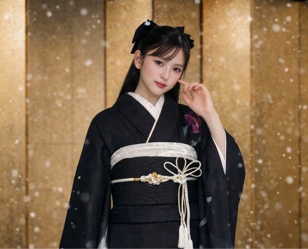 【xjpm'@t.m】黒　白　牡丹　正絹　豪華　振袖6点セット　成人式