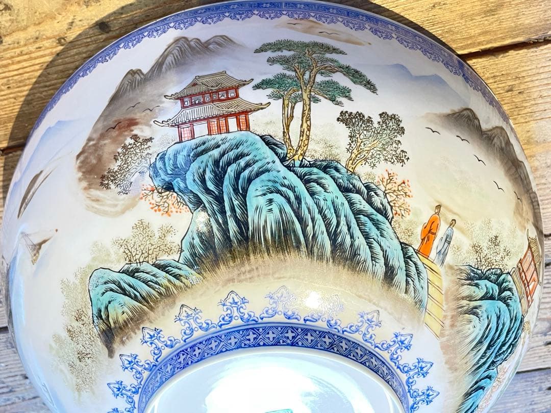 【中国 景徳鎮/大丼】中国陶器 中国 骨董品 山水楼閣人物文絵