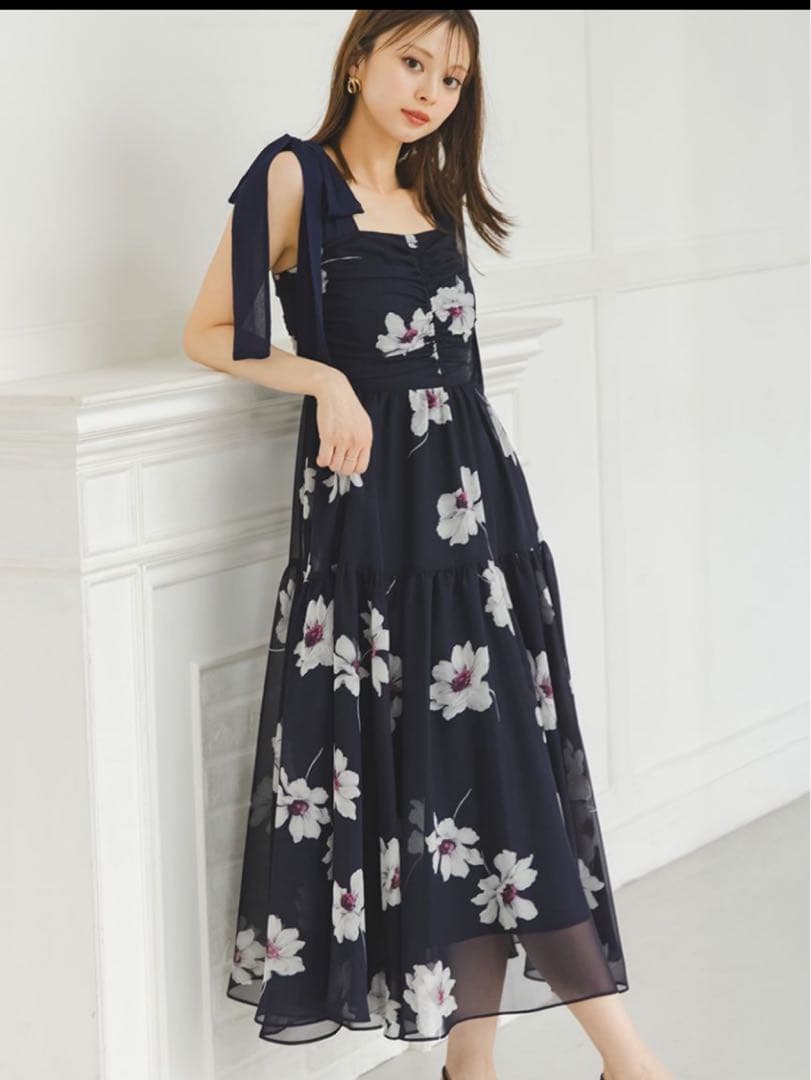 SNIDEL FLOWERCOLLECTIONプリントショルダーリボンワンピース