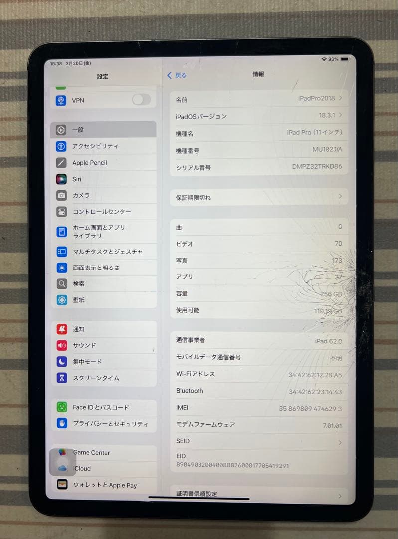 ジャンク品 11インチ iPad Pro（第1世代/2018） 256GB
