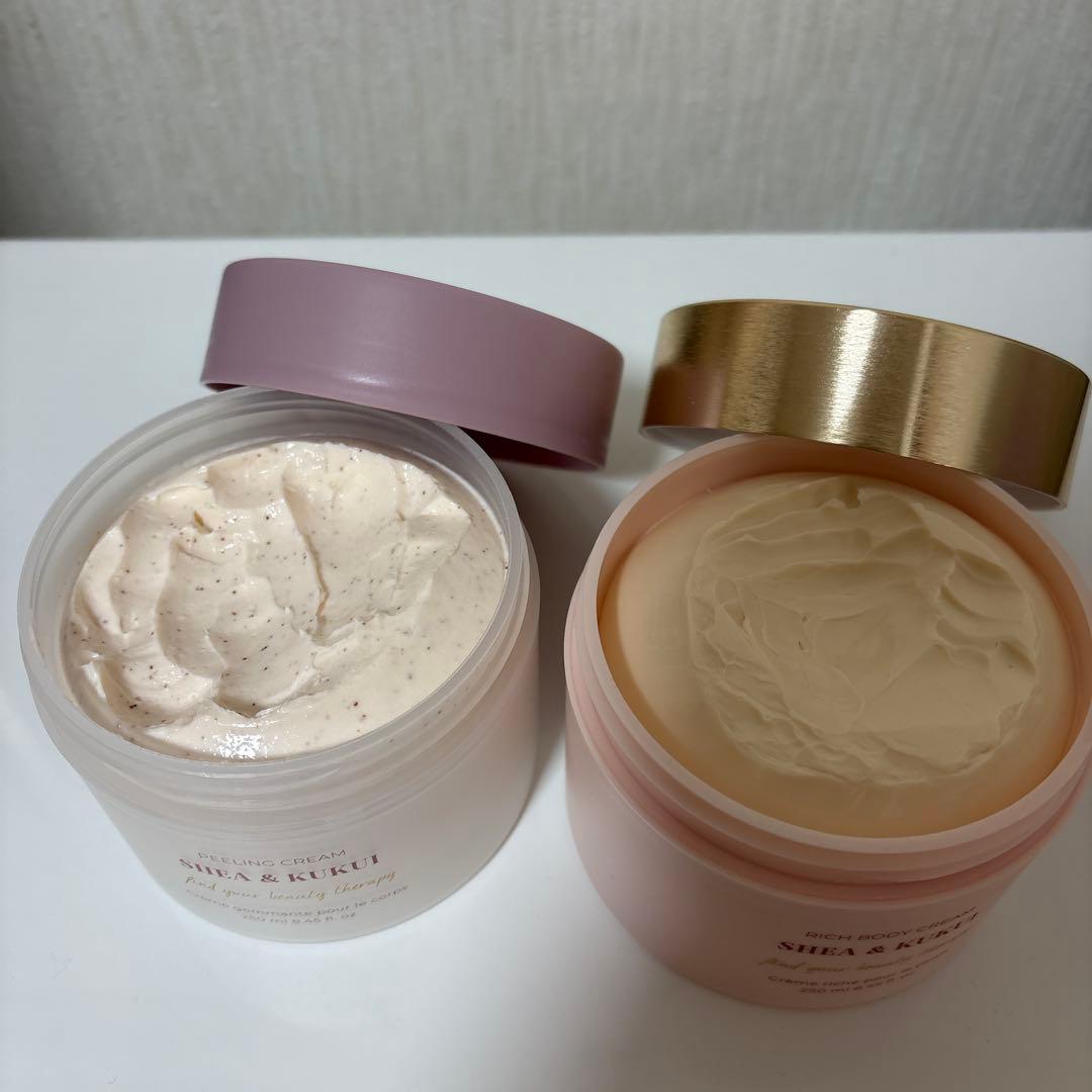 Laline シア＆ククイ ピーリングボディクリーム、リッチボディクリーム