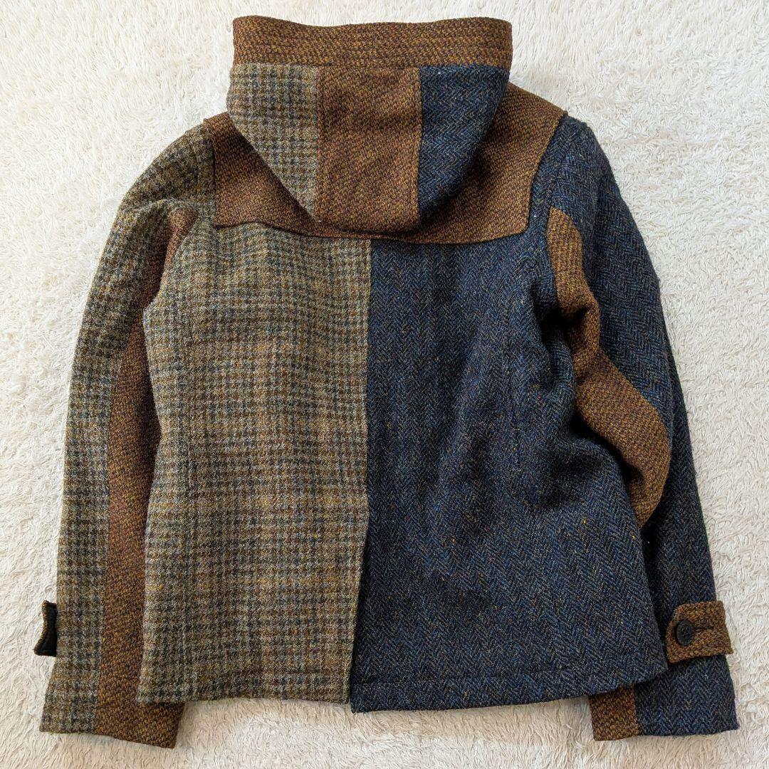 Harris Tweed フード付きダッフルコート ハーフ丈コート レザー
