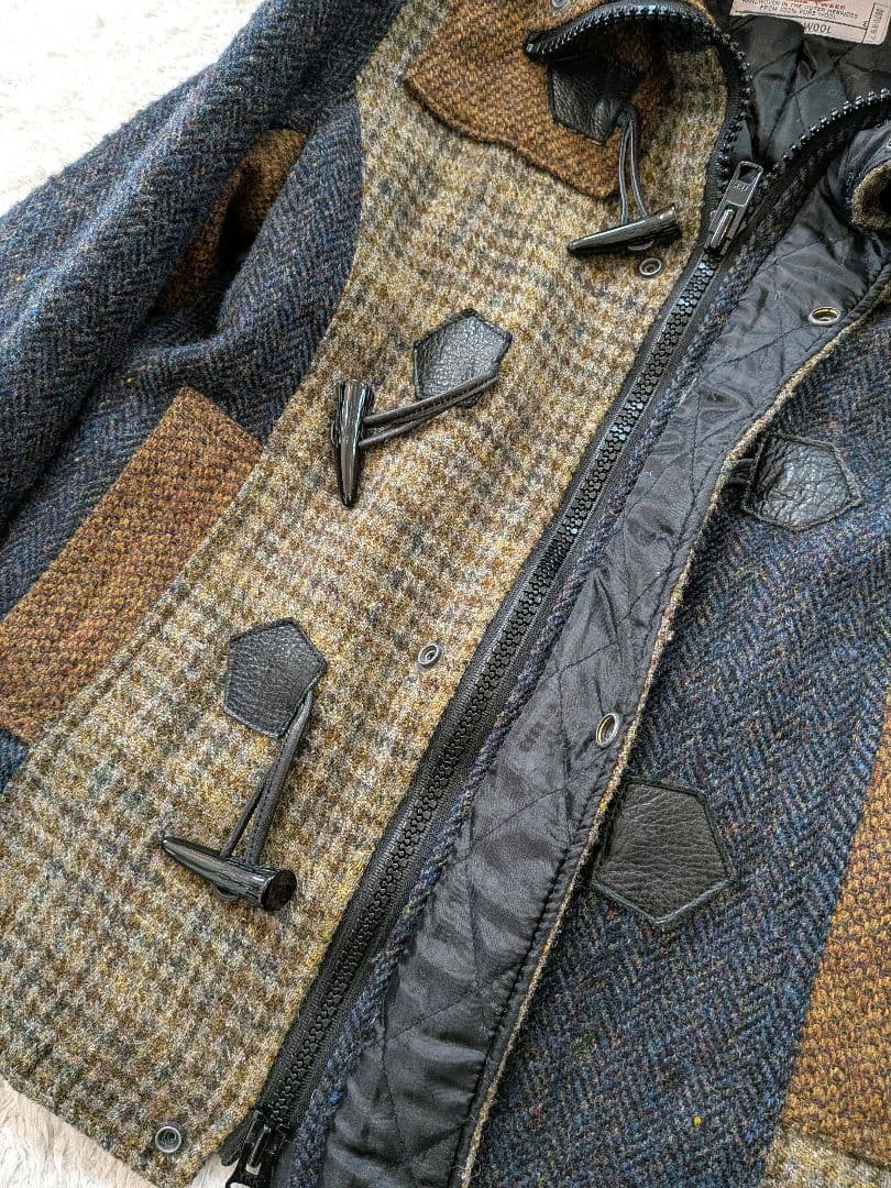 Harris Tweed フード付きダッフルコート ハーフ丈コート レザー