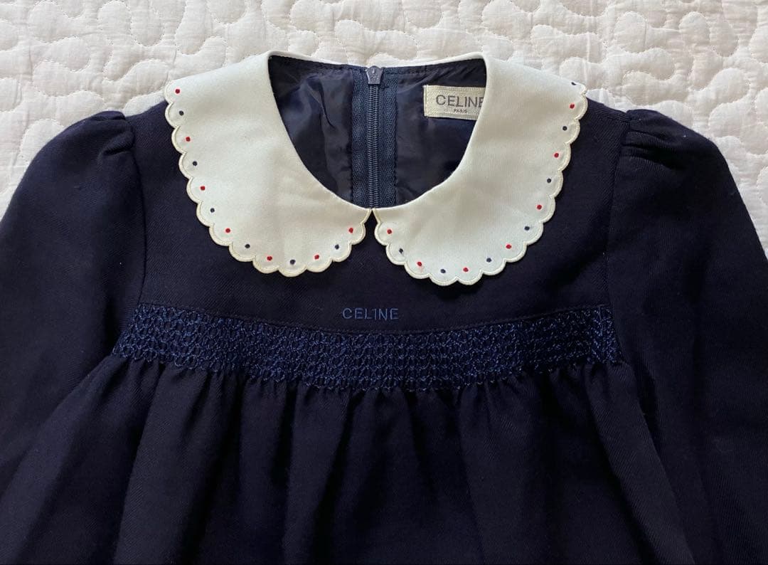 CELINE セリーヌ スカラップ襟付きフォーマルワンピース ネイビー 95