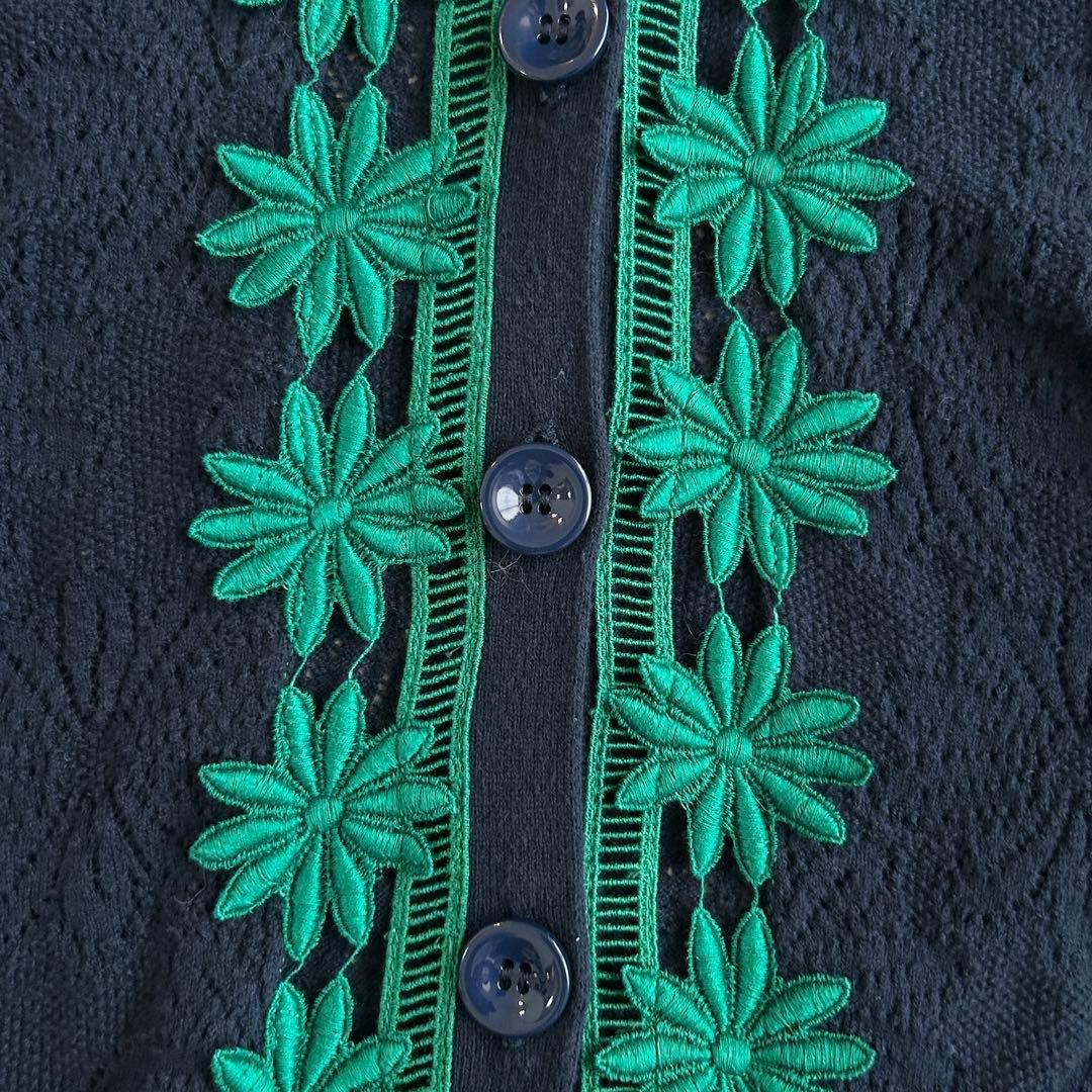美品✨MUVEIL フラワー刺繍 カーディガン コットン ネイビー 38