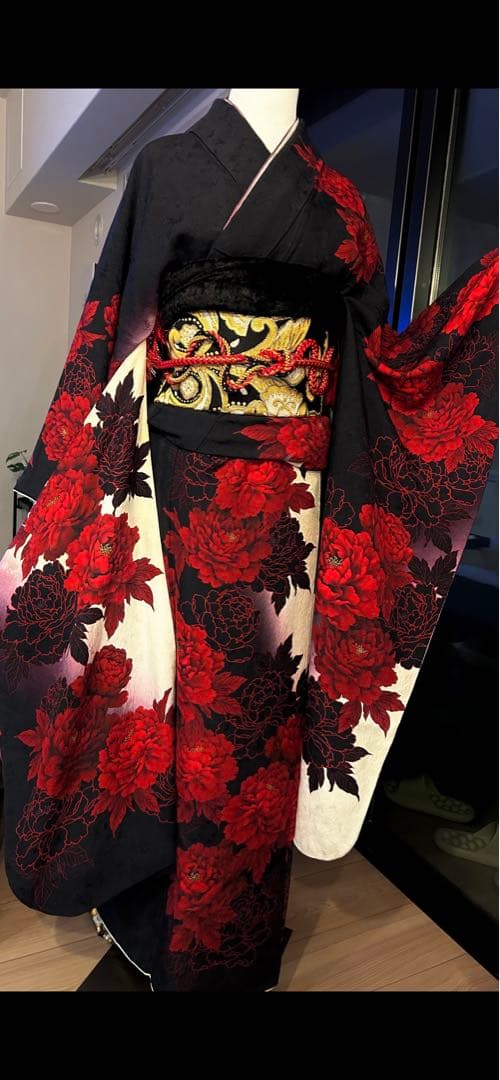 振袖セット　豪華な紅牡丹　　着丈155 小柄さん向き