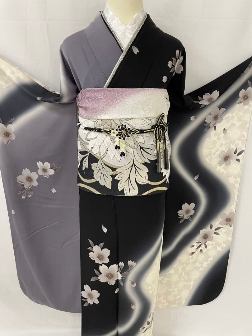 美品 正絹 振袖 7点フルセット モノトーン 染め分け 桜 　トールサイズ