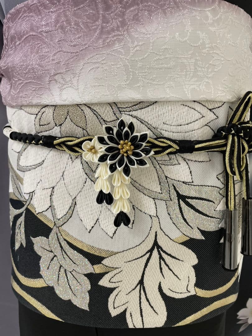 美品 正絹 振袖 7点フルセット モノトーン 染め分け 桜 　トールサイズ