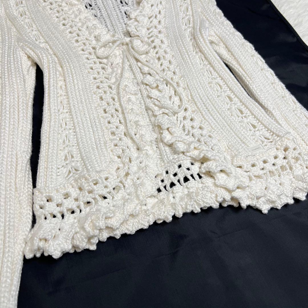 ロゴプレート✨ CHANEL シャネル フロントリボン フリルニットカーディガン