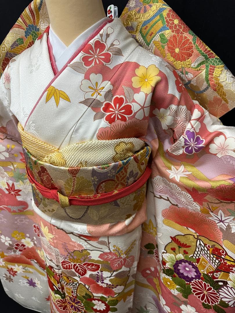 久保耕 京友禅 白地ピンク 御所車 振り口付き振袖 袋帯 フルセット