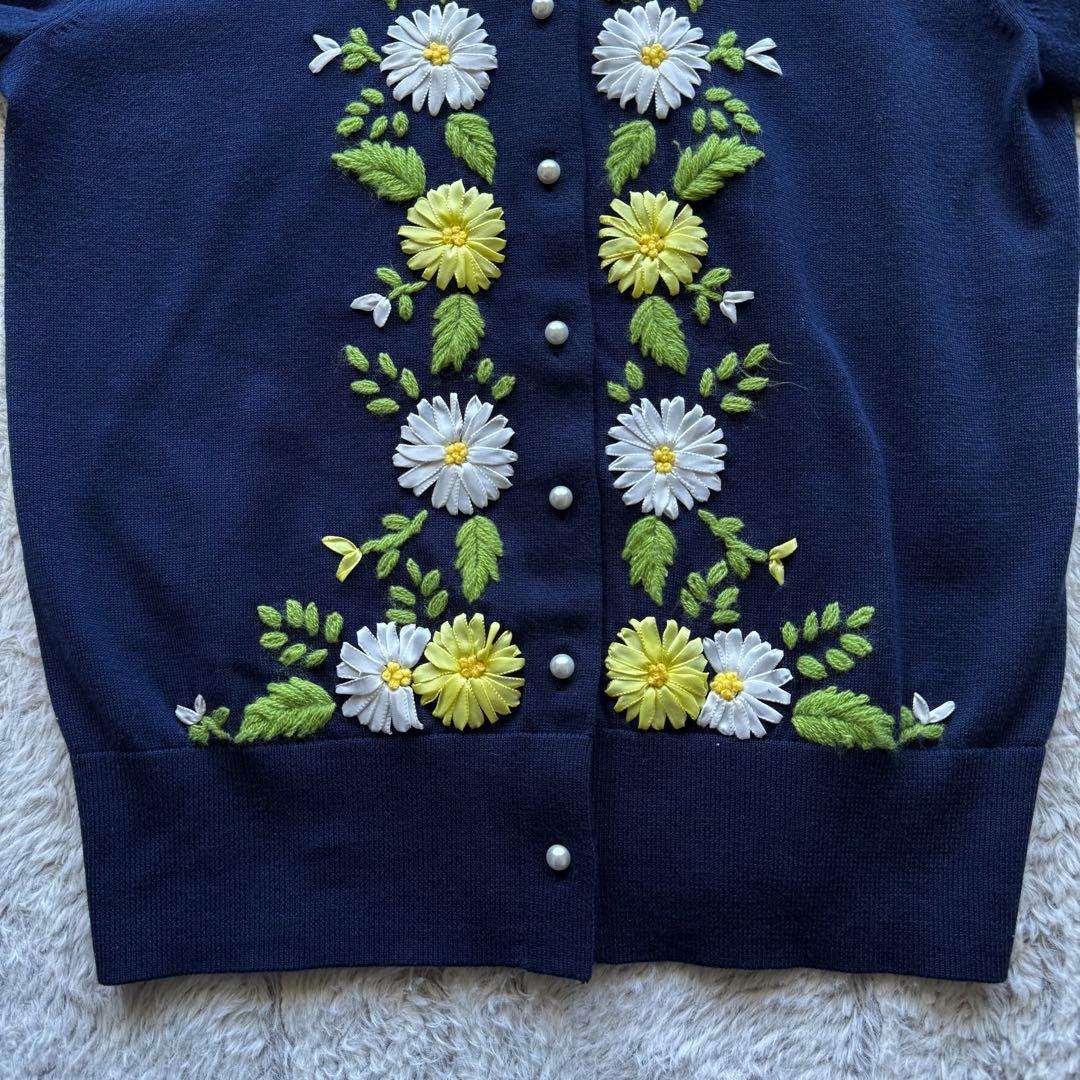 ブルックスブラザーズ スーピマコットン 花柄刺繍 カーディガン パール調 紺 S