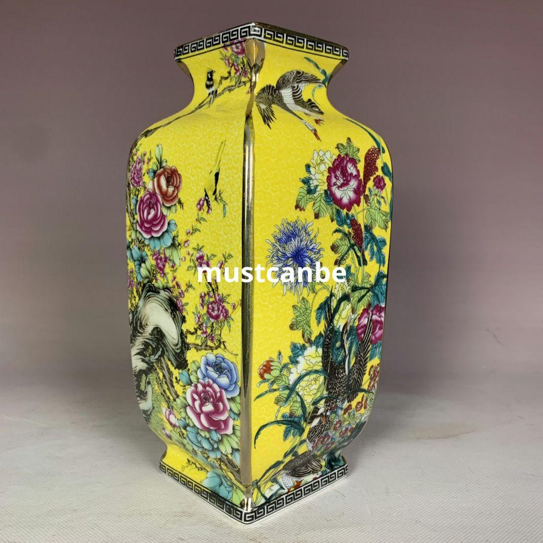 黄地蒔絵花鳥四方花瓶 景徳鎮 陶磁器 装飾品 現代工芸品 美術品 置物