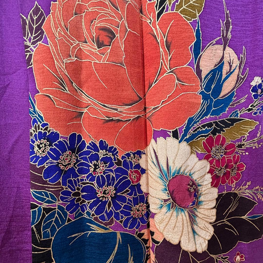 超美品　正絹　振袖　成人式　現代　着物　紫　草野一騎　作家物　花紋　158裄65