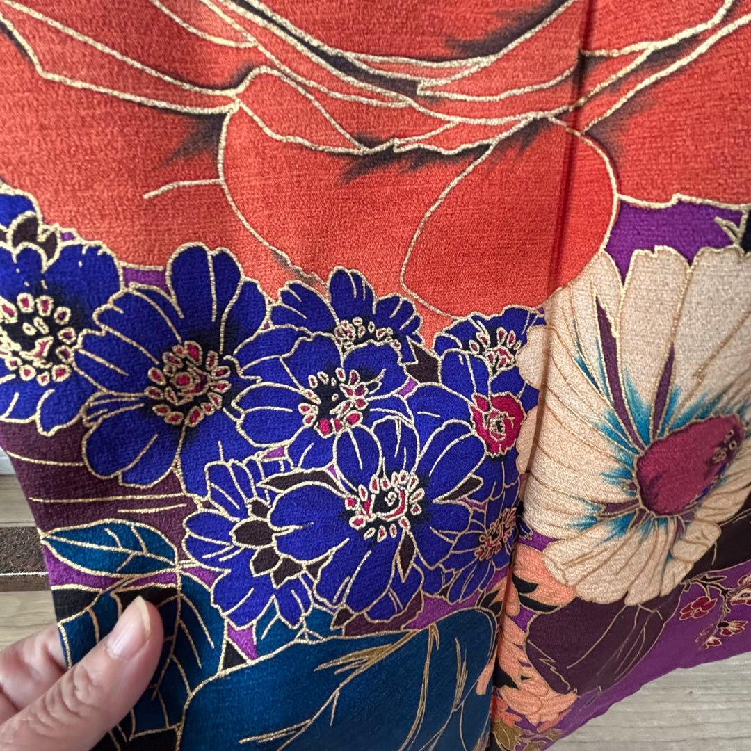 超美品　正絹　振袖　成人式　現代　着物　紫　草野一騎　作家物　花紋　158裄65
