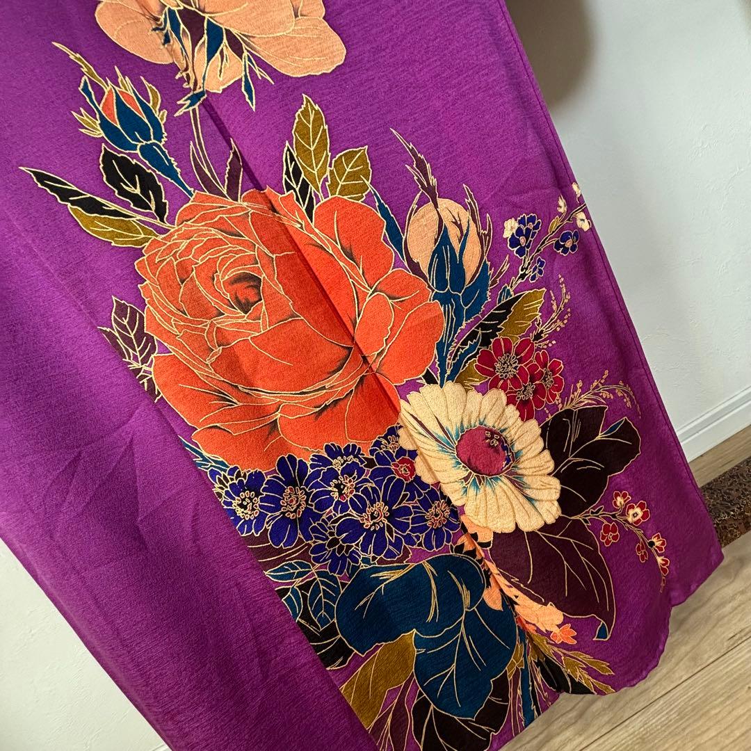 超美品　正絹　振袖　成人式　現代　着物　紫　草野一騎　作家物　花紋　158裄65