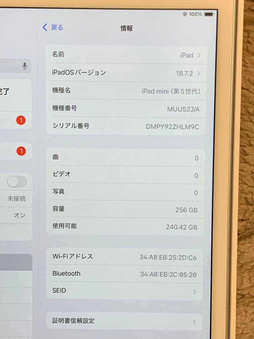 iPad Mini 第5世代 WiFi 256G カバー付　通電済み動作確認済み