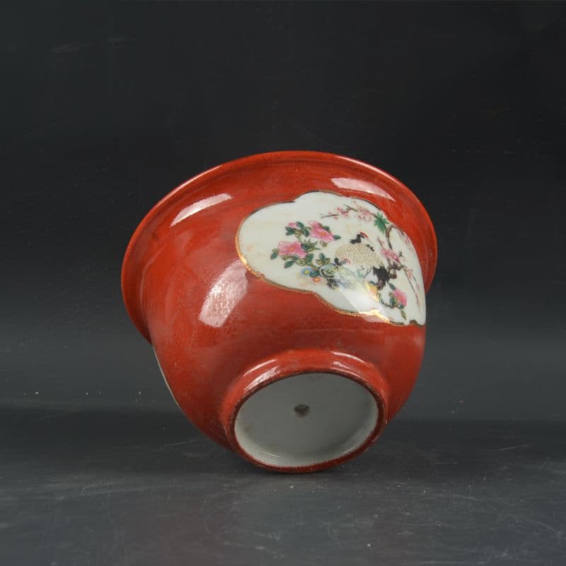景徳鎮 沙紅開窓仙鶴花鳥図菖蒲鉢 花鉢 大盆栽 小盆栽