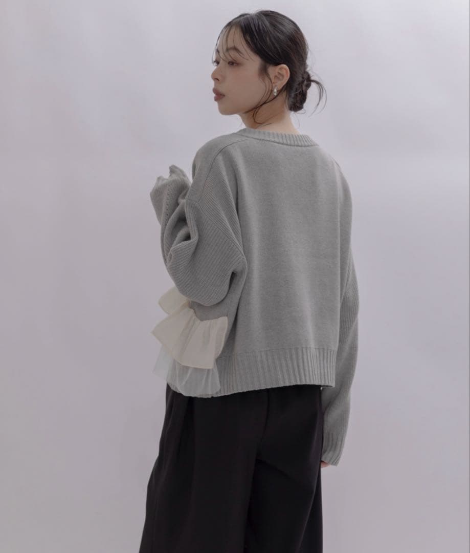 【新品タグ付】Eimee Law ランダムリボンフリルニットカーデ