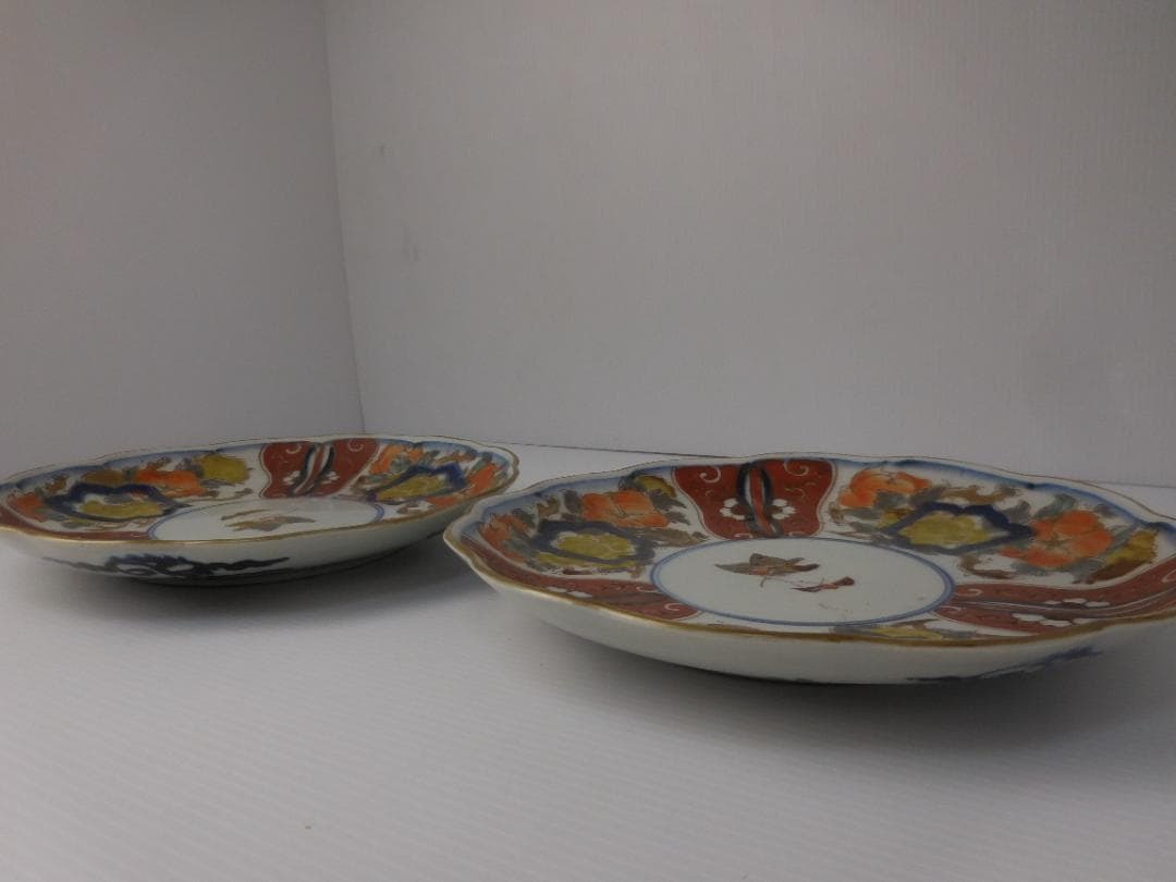 古伊万里　色絵花蝶七寸皿　２点　江戸後期