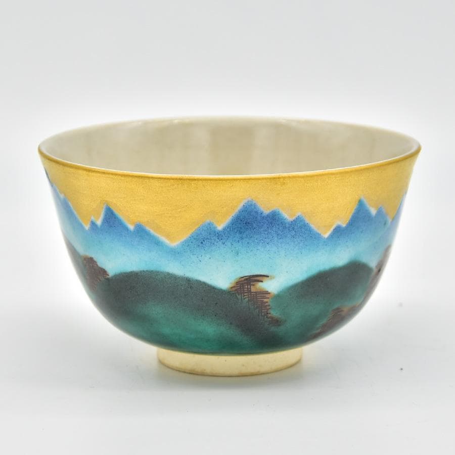 九谷焼 竹鳳窯 色絵 山水図 茶碗 共箱 茶道具 茶会石 鉄瓶