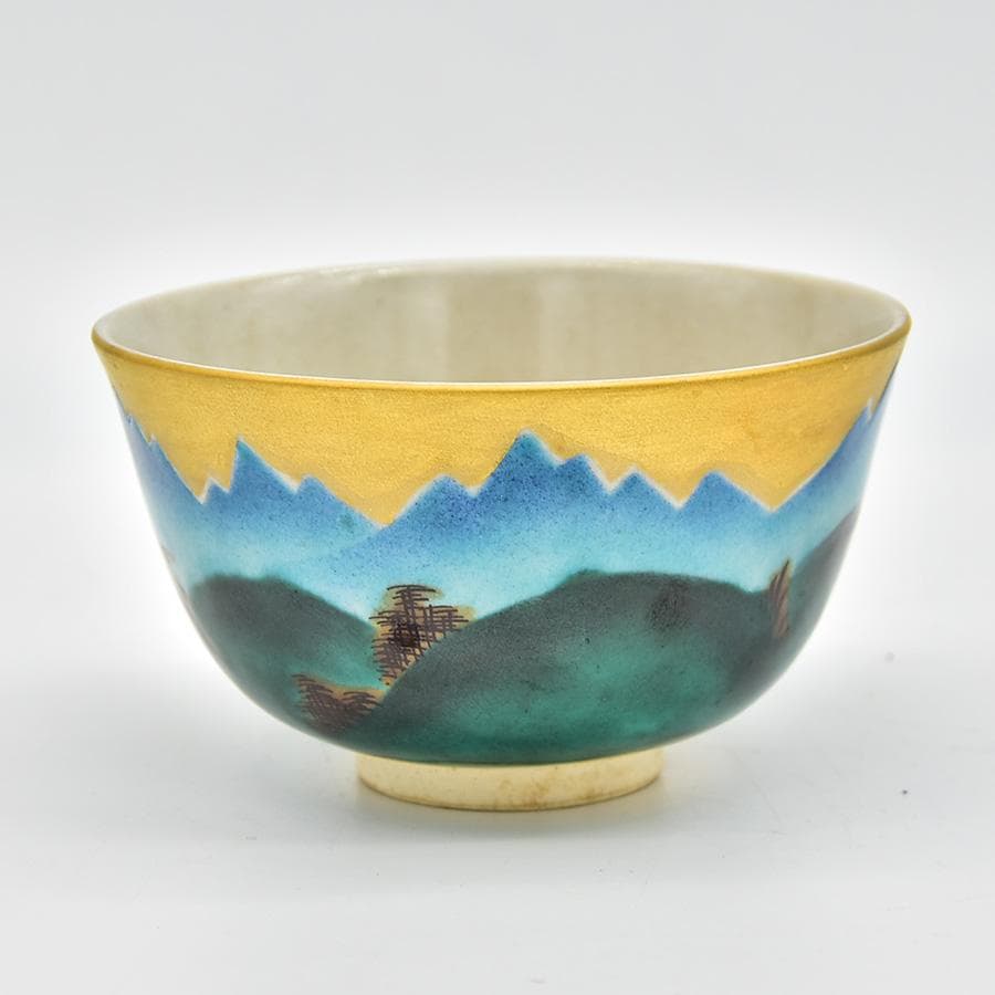 九谷焼 竹鳳窯 色絵 山水図 茶碗 共箱 茶道具 茶会石 鉄瓶