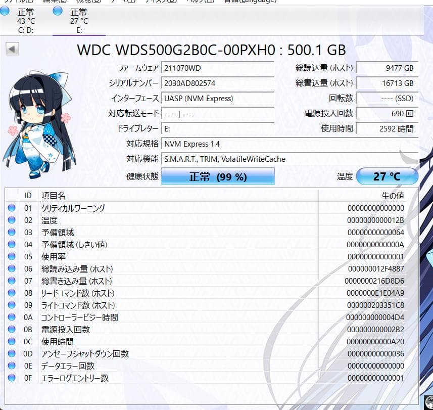 WesternDigital WDBlue SN550 500GB 2592時間