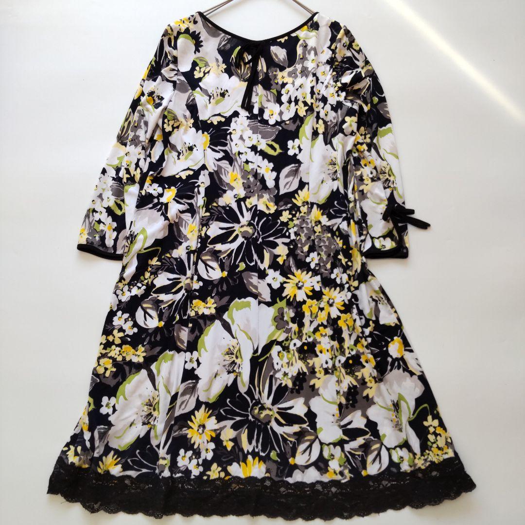 美品 スーパービューティー 七分袖 ビジュー 花柄 ワンピース ブラック42