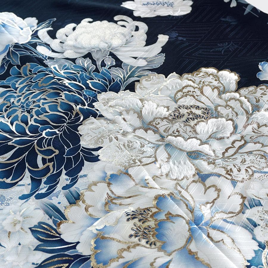 専用　ご予約　振袖フルセット　オーダー仕立て　紺色　ネイビー　牡丹　菊　刺繍