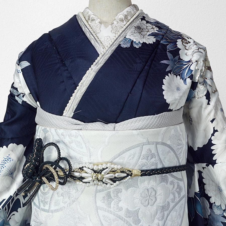 専用　ご予約　振袖フルセット　オーダー仕立て　紺色　ネイビー　牡丹　菊　刺繍