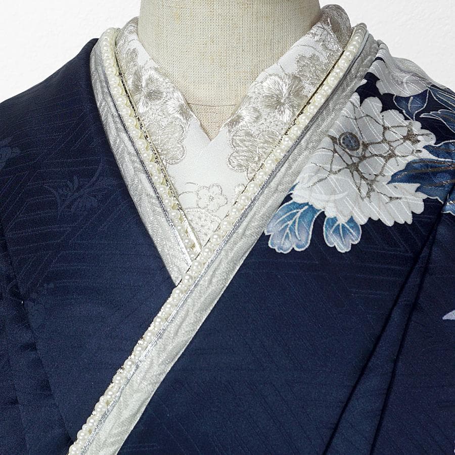 専用　ご予約　振袖フルセット　オーダー仕立て　紺色　ネイビー　牡丹　菊　刺繍