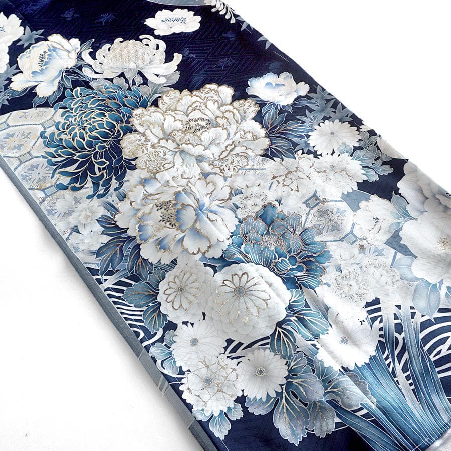 専用　ご予約　振袖フルセット　オーダー仕立て　紺色　ネイビー　牡丹　菊　刺繍