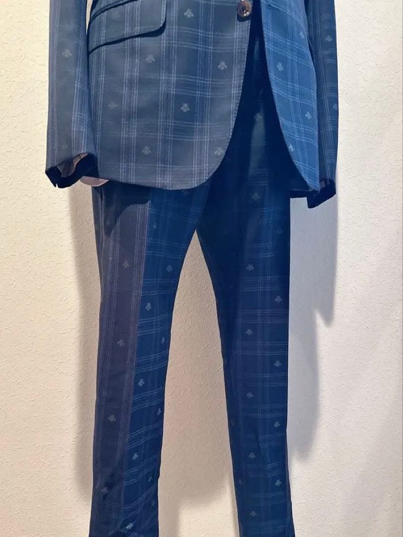 極美品　GUCCIスーツ　セットアップ　529010 チェック　BEE ネイビー