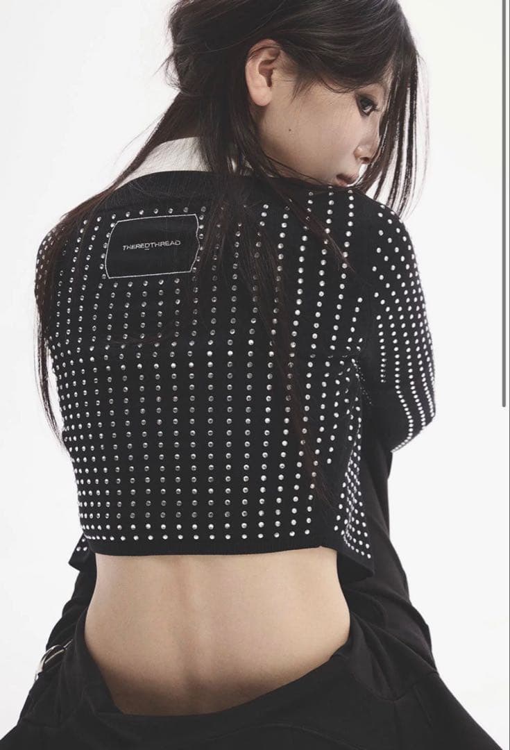 トップス THEREDTHREAD rhinestone cardigan cropped