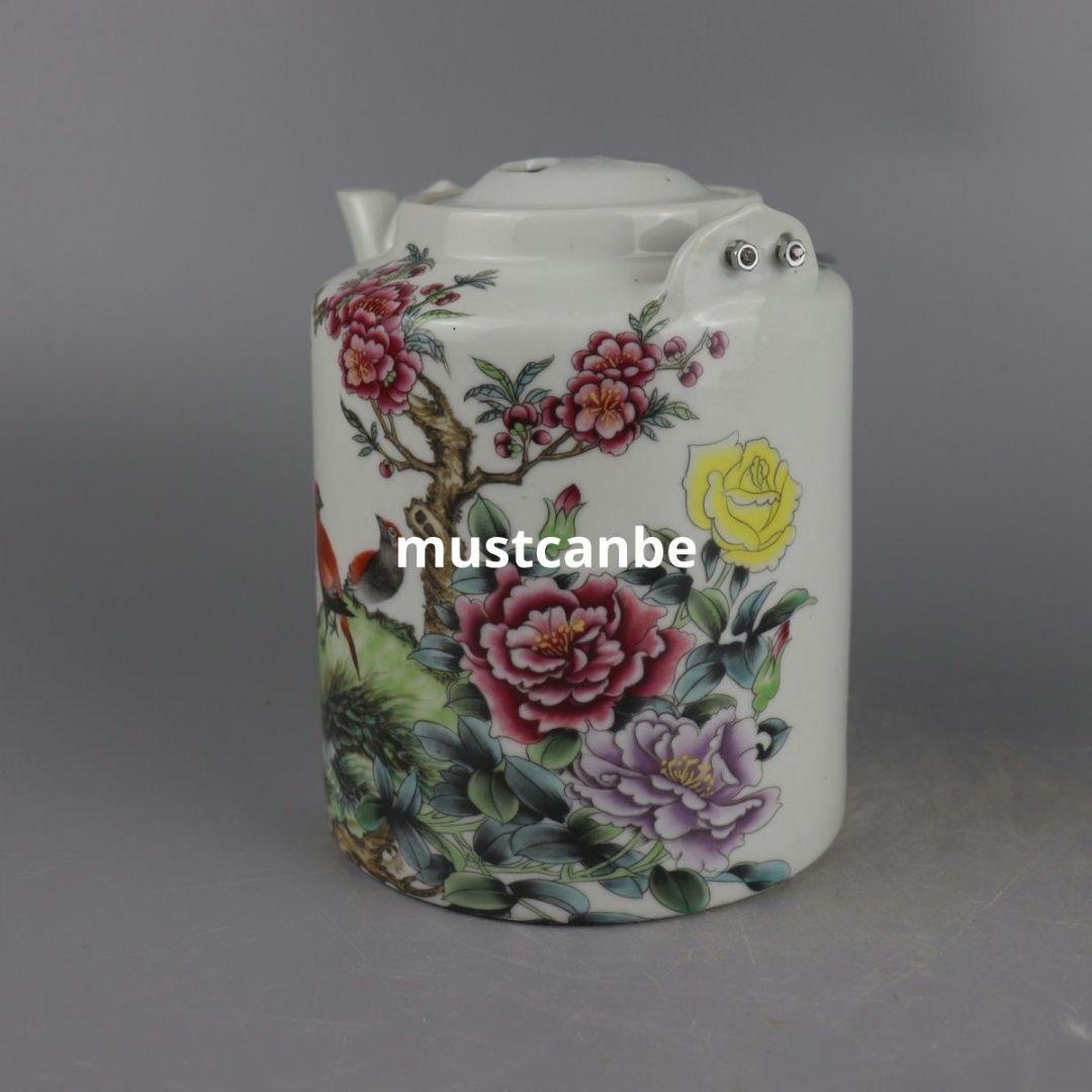 パステル牡丹花鳥茶壺 提梁壺 煎茶器 茶道具 工芸品 置物 新品未使用