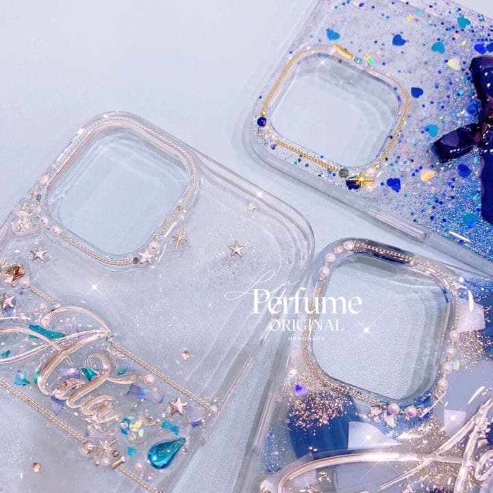 名入れ♡ニュアンスアートペイント✨キラキラフレーク パール⭐︎スマホケース ブルー