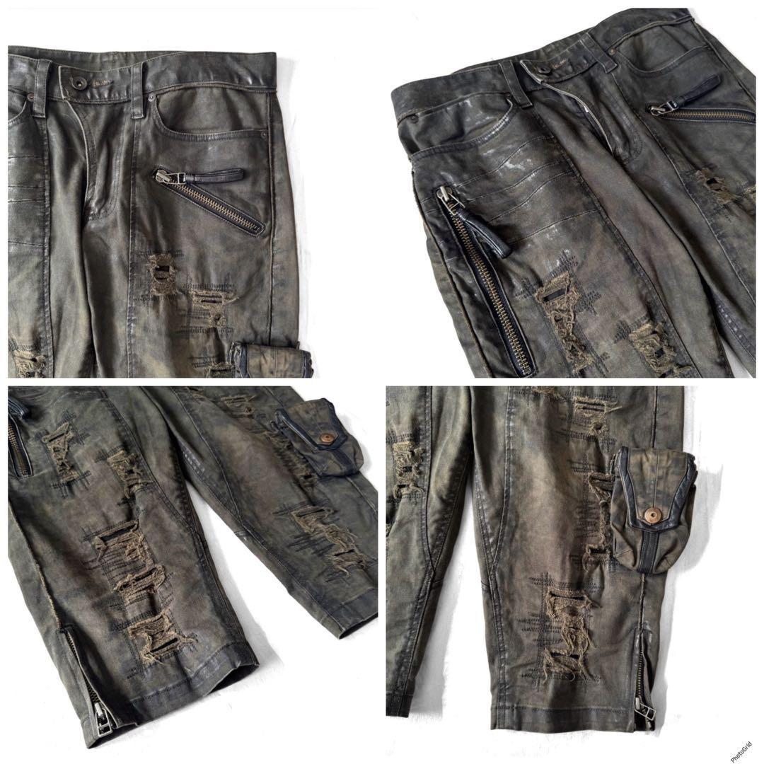 KMRII 加工 カーゴ パンツ ショーツ リペア クラッシュ デニム レザー
