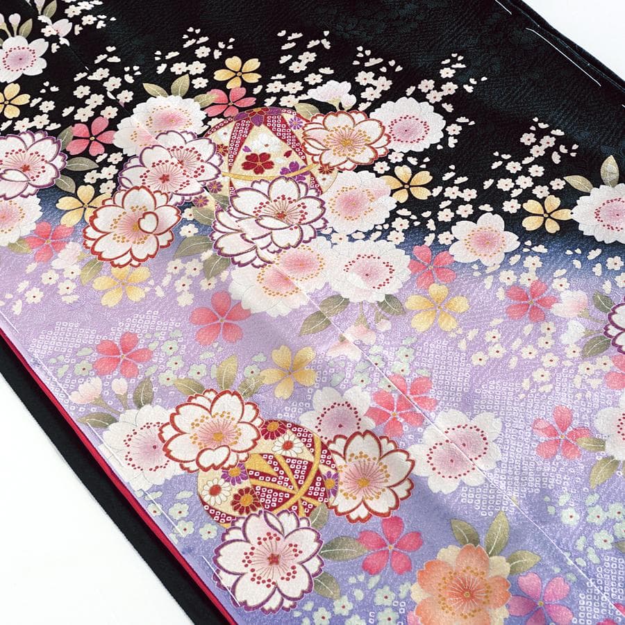 振袖　新品　未仕立て　仮絵羽　桜　鞠　金糸　型染め友禅　黒　ブラック　在庫保管品