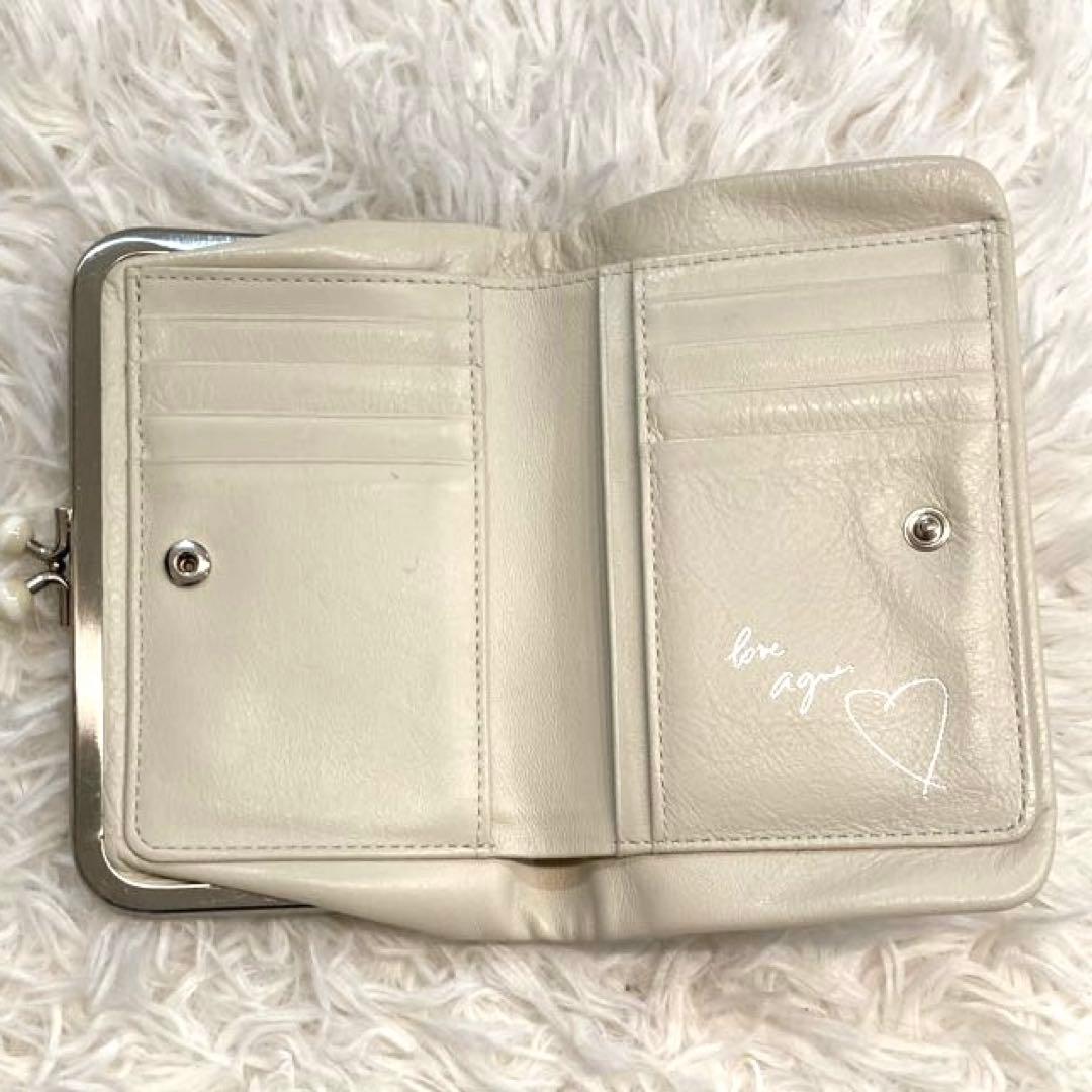 【美品】agnes b. レザー　がま口　二つ折り財布　ベージュ