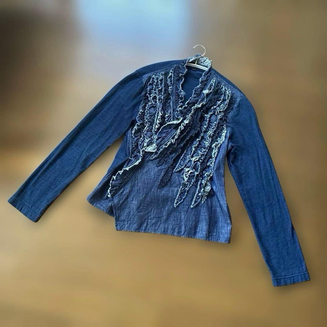 美品★45R★インディゴ染　ゴマデニム　天竺フリルのボレロ カシュクール