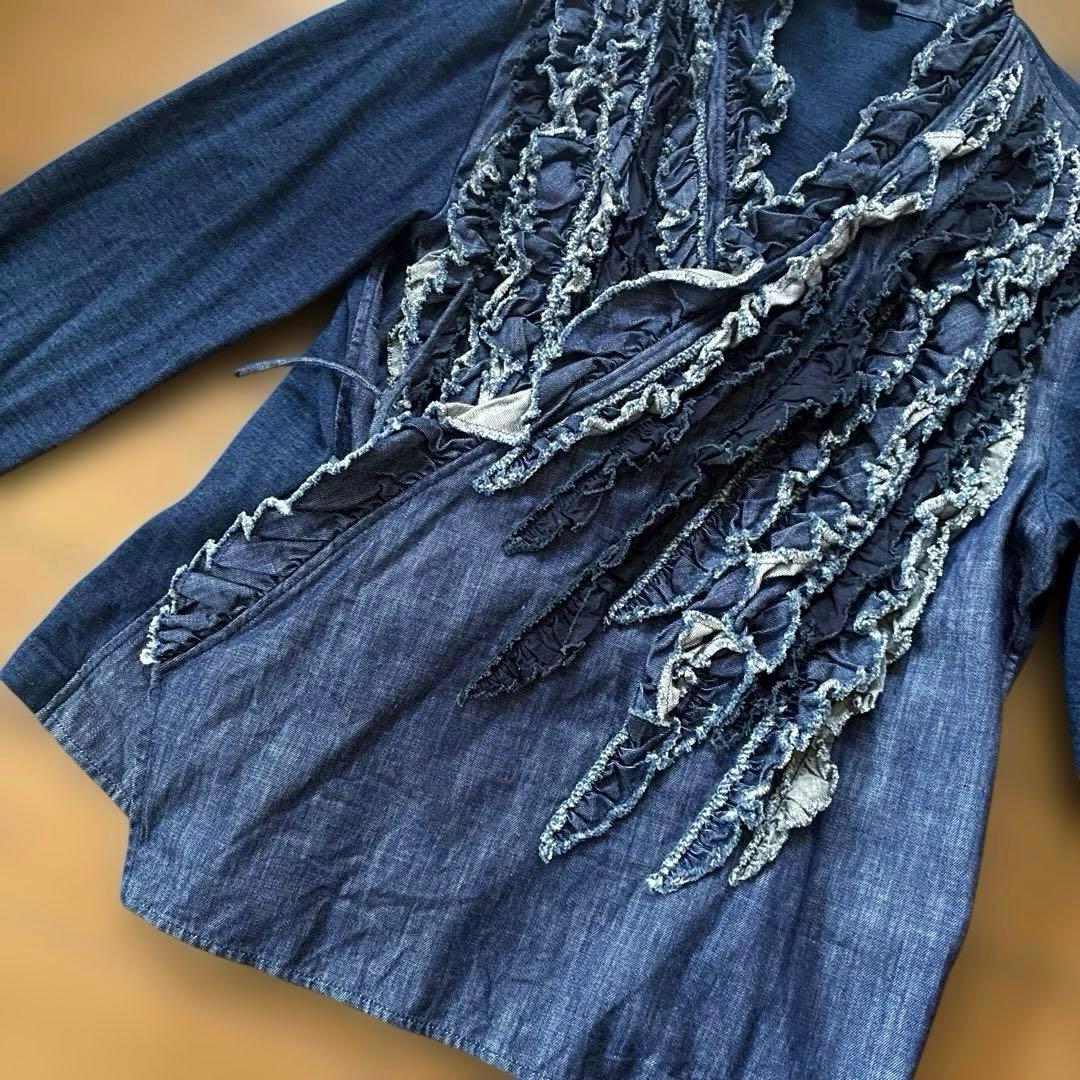 美品★45R★インディゴ染　ゴマデニム　天竺フリルのボレロ カシュクール