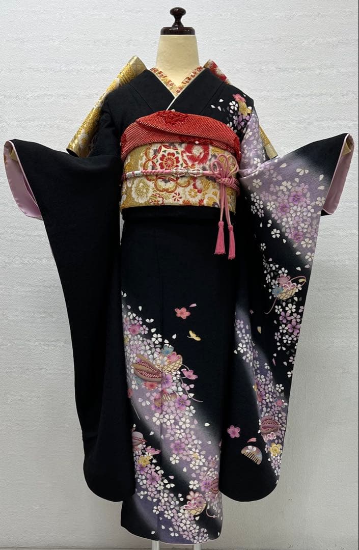 振り袖　フルセット　別誂長襦袢　成人式　金彩加工　刺繍入り　黒　刺繍半襟　803