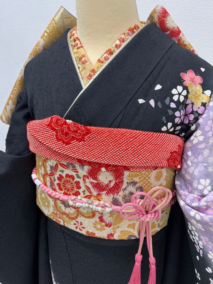 振り袖　フルセット　別誂長襦袢　成人式　金彩加工　刺繍入り　黒　刺繍半襟　803