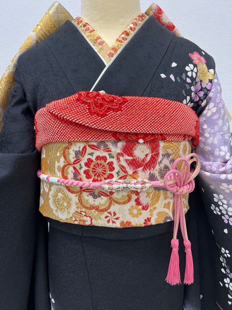 振り袖　フルセット　別誂長襦袢　成人式　金彩加工　刺繍入り　黒　刺繍半襟　803