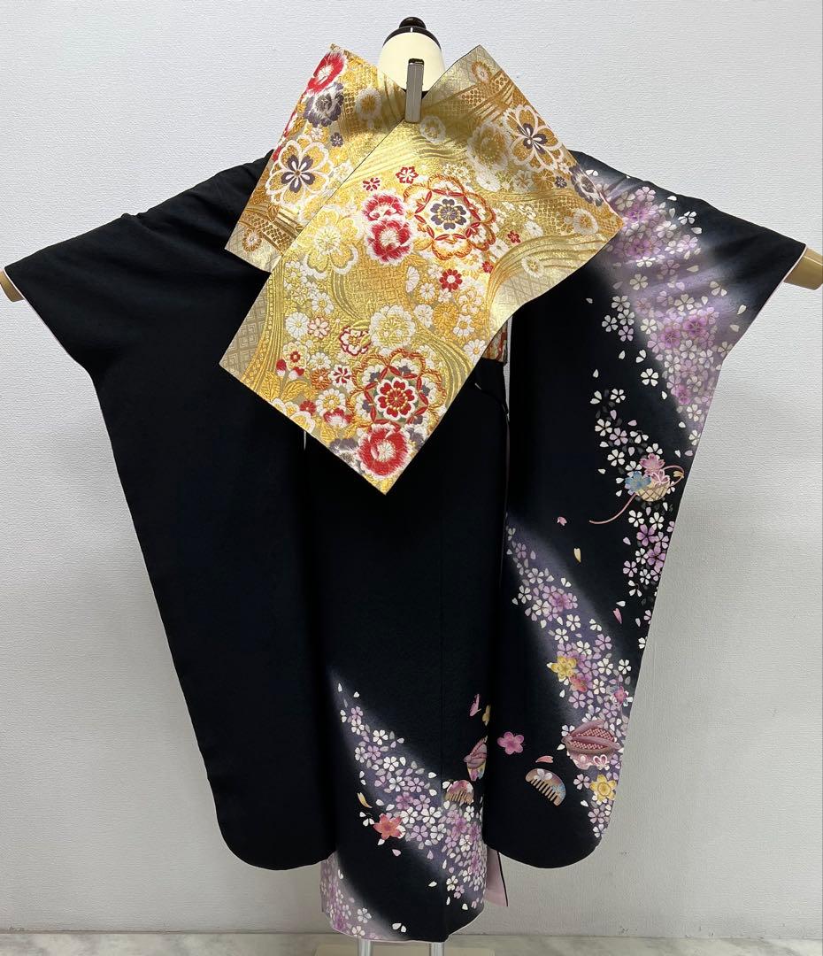 振り袖　フルセット　別誂長襦袢　成人式　金彩加工　刺繍入り　黒　刺繍半襟　803