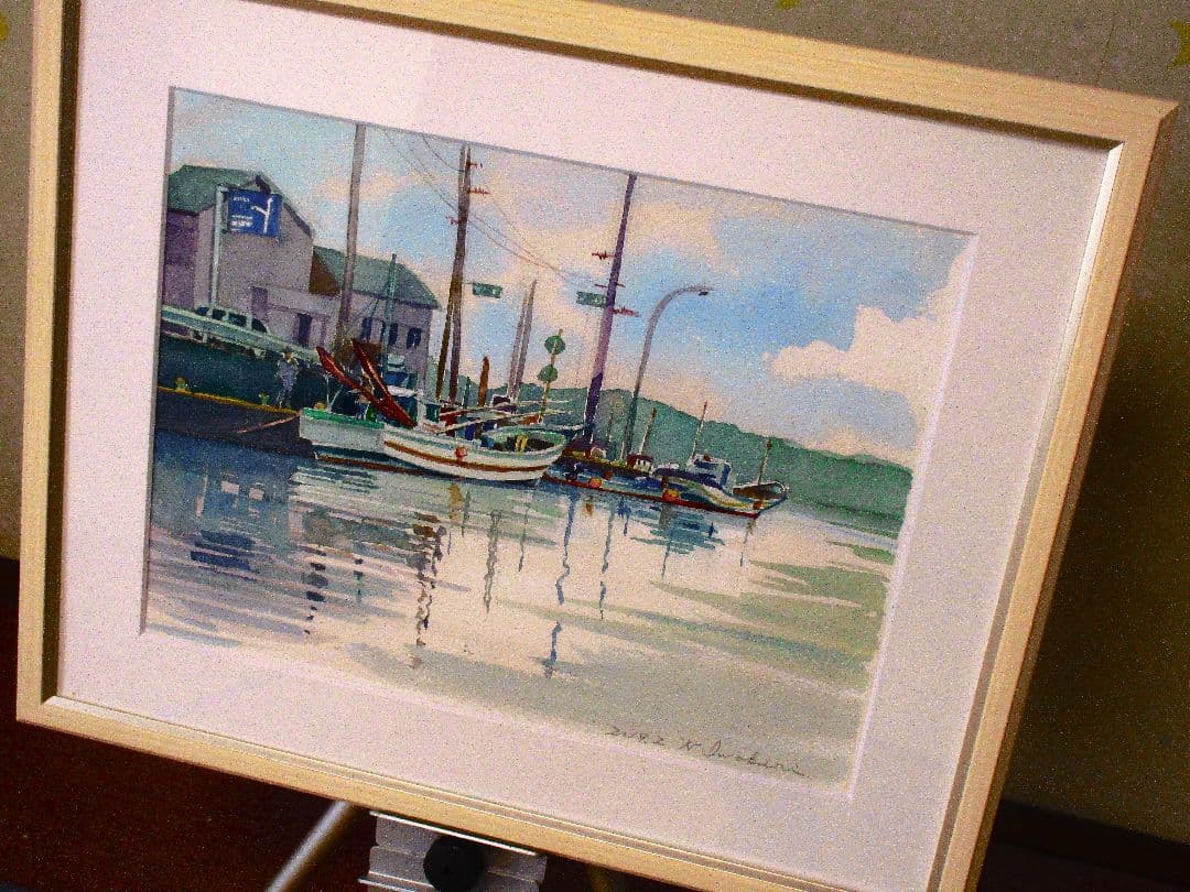 水彩画 港の風景 2022年 F6サイズ 額装済み