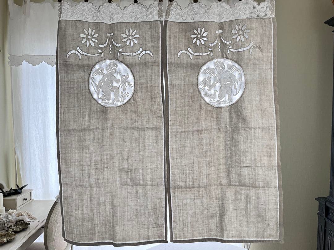 【美品】フランスアンティーク リシュリュー刺繍 天使のカーテンセット[3250]